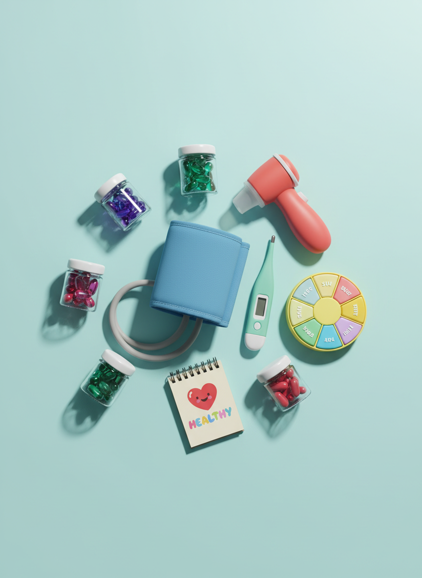 A whimsical still life of colorful medical tools arranged in a loose spiral on a smooth, pale aqua background. A rounded, sky-blue blood pressure cuff, a mint-green digital thermometer, a sunshine-yellow pill organizer, and a coral-red otoscope all feature soft, tactile finishes with no harsh edges. Scattered between them are cartoonishly plump vitamin capsules in translucent jars and a notebook with a smiling heart icon on the cover. Bright, even studio lighting from above creates crisp, gentle shadows and subtle reflections on the plastic surfaces. Shot from directly overhead with photographic realism and bold, saturated tones, the composition feels dynamic and energetic, visually expressing a friendly, patient-centered approach to everyday healthcare topics.