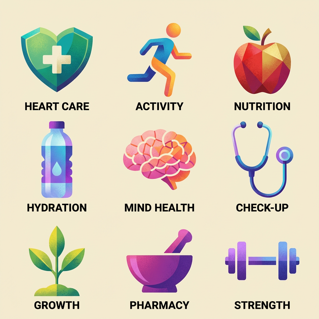 Health icons: Heart Care, Activity, Nutrition, Hydration, Mind Health, Check-up, Growth, Pharmacy, and Strength.
